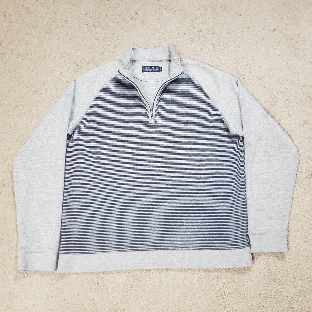 Fish Hippie Sweater Men M (Fits Small) Gray Striped‎ 1/4 Zip Sweatshirt Chore